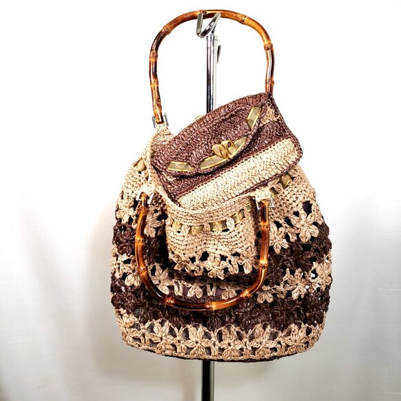 Vintage Woven Straw Rattan purse, Cottagecore Boho bow bamboo handle W/ wallet - Picture 4 of 9